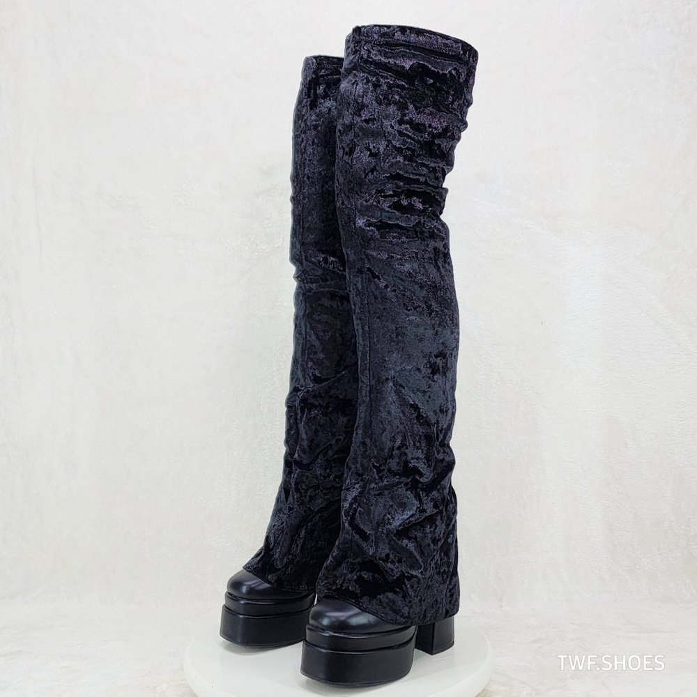 Unique Thigh High Black Velvet Fold over Skirted Chunky Heel Platform Boots - Picture 10 of 17